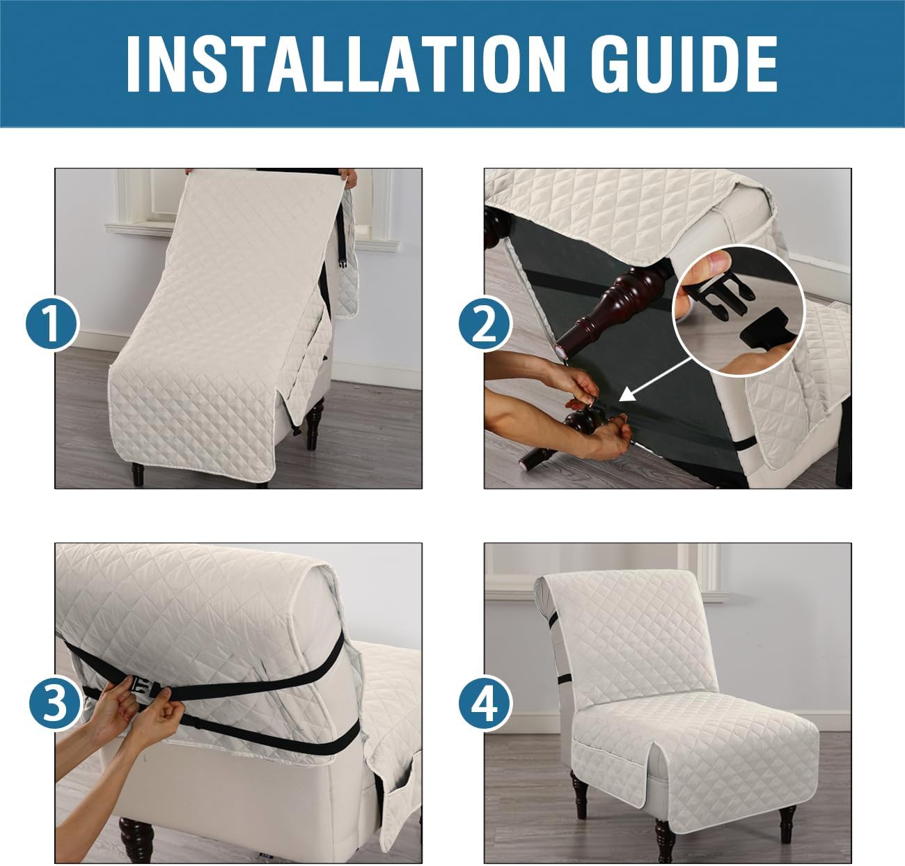 H.VERSAILTEX Water Resistant Accent Chair Cover Reversible Quilted Accent Chair Covers Without Arms Thick Soft Durable Accent Chair Cover with Anti-Slip Buckle Washable, Ivory/Beige