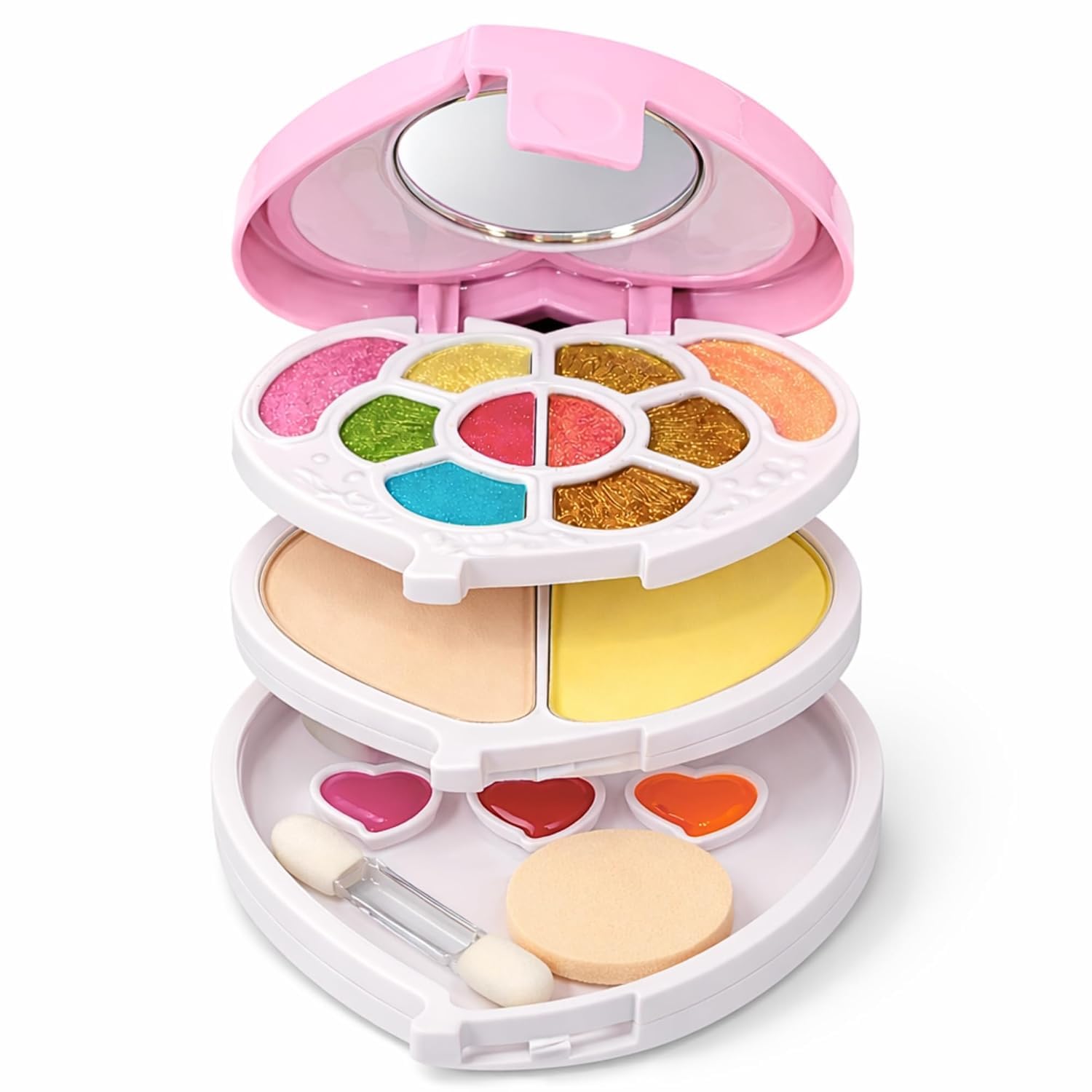 Kids Makeup Palette Set, 3-Layer Heart-Shaped Compact with Mirror, Eyeshadow, Lip Gloss, Blush, Sponge and Brush-image-9