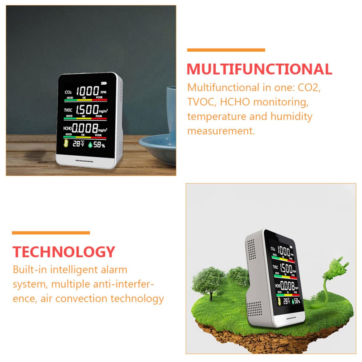 Medidor de Co2 Portátil para Calidad del Aire Sensor Hcho y Capacidad de 1200ma, Monitor de Temperatura y Humedad para Uso en Interiores