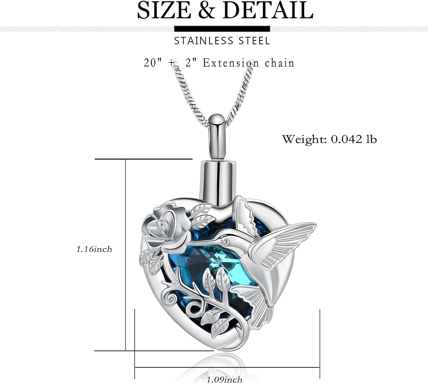 Yinplsmemory Hummingbird Cremation Jewelry Crystal Heart Urn Ashes Necklace for Women Men Memorial Keepsake Necklace of Loved One