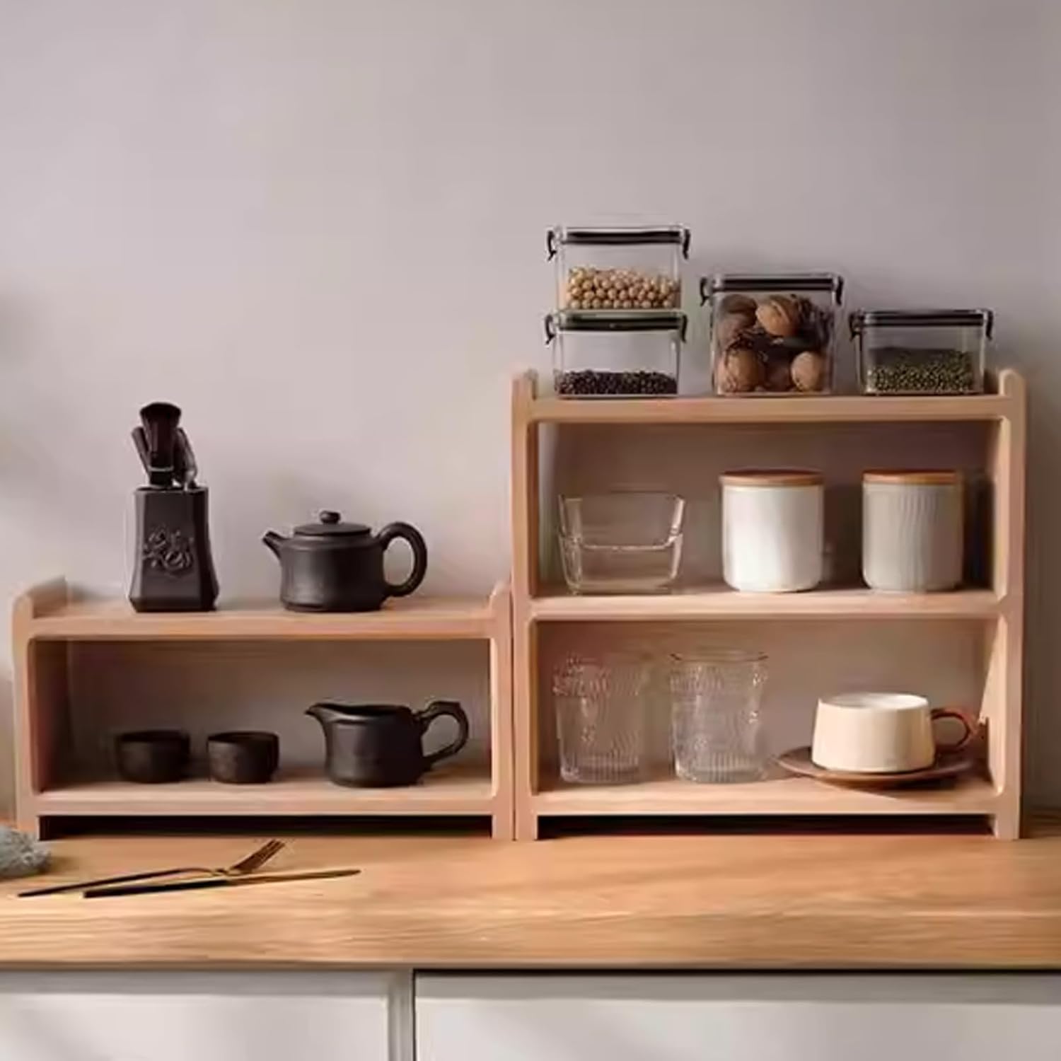 Solid Wood Mug Rack, Multi-Tier Cup Display Shelf for Kitchen Countertop, Coffee Bar & Dining Room(High20cm/7.9in)