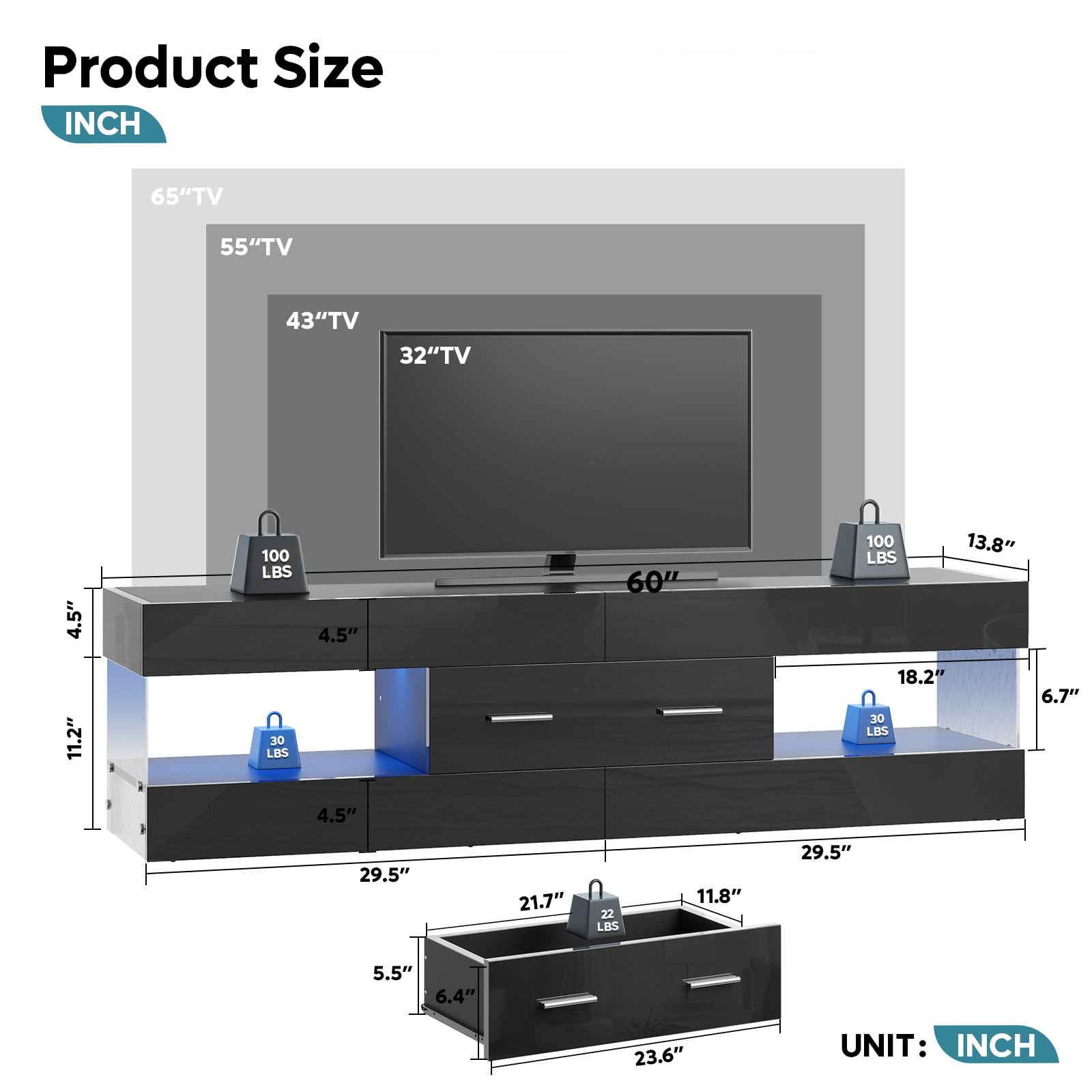 Bestier Mobile TV per TV da 65 pollici,moderno mobile TV laccato lucido,centro di intrattenimento a LED con ampio cassetto,consolle TV per soggiorno e camera da letto(nero)