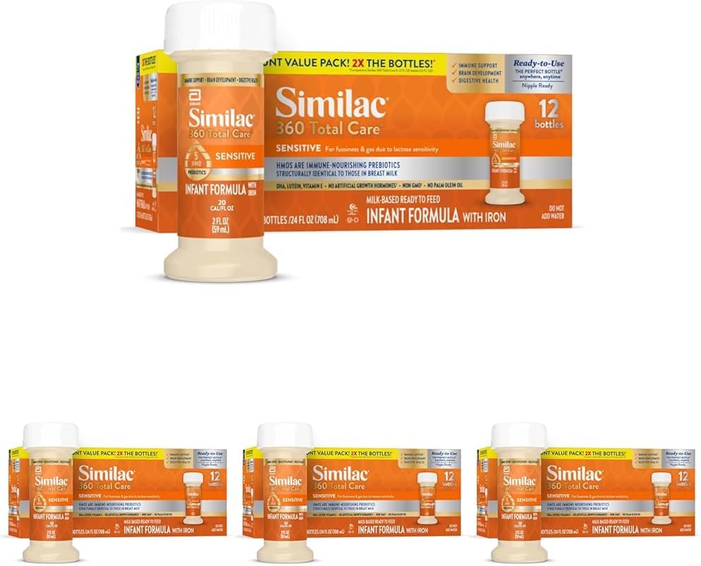 Similac 360 Total Care Sensitive Infant Formula for Fussiness & Gas Due to Lactose Sensitivity,Has 5 HMO Prebiotics,Baby Formula,Ready to Feed,2-fl-oz Bottle,(Pack of 48)