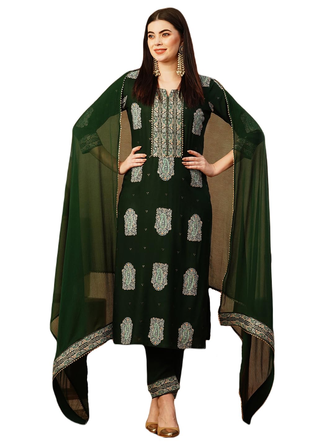 GoSriKi Women's Cotton Blend Straight Printed Kurta with Pant & Dupatta