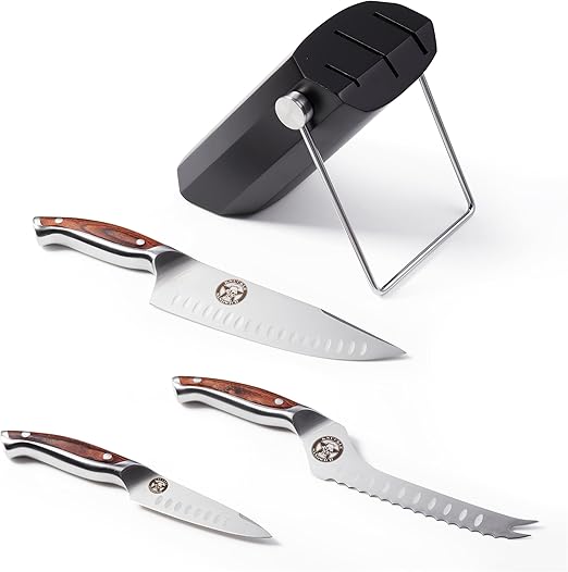 Ergo Chef Guy Fieri Knuckle Sandwich 4pc Knife Block Set Chef knife, Serrated Utility Knife, Paring Knife and Knife Block Premium Stainless Steel Blades with Ergonomic Pakkawood Handles