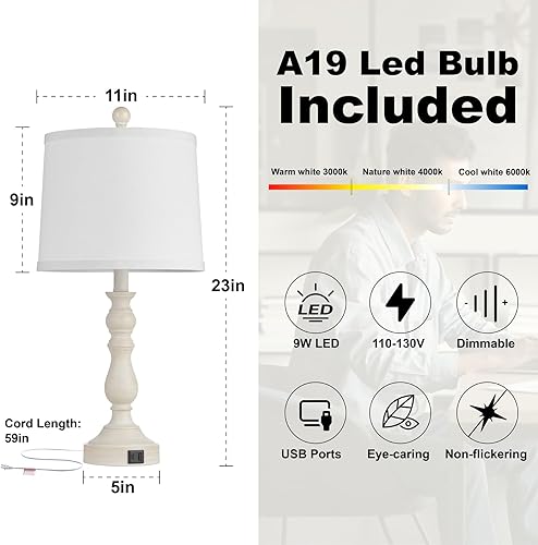 Miniatura 7 de Juego de 2 lámparas de mesa de granja de 23 pulgadas para sala de estar, con puertos USB C+A, lámpara de noche retro para dormitorio, oficina,