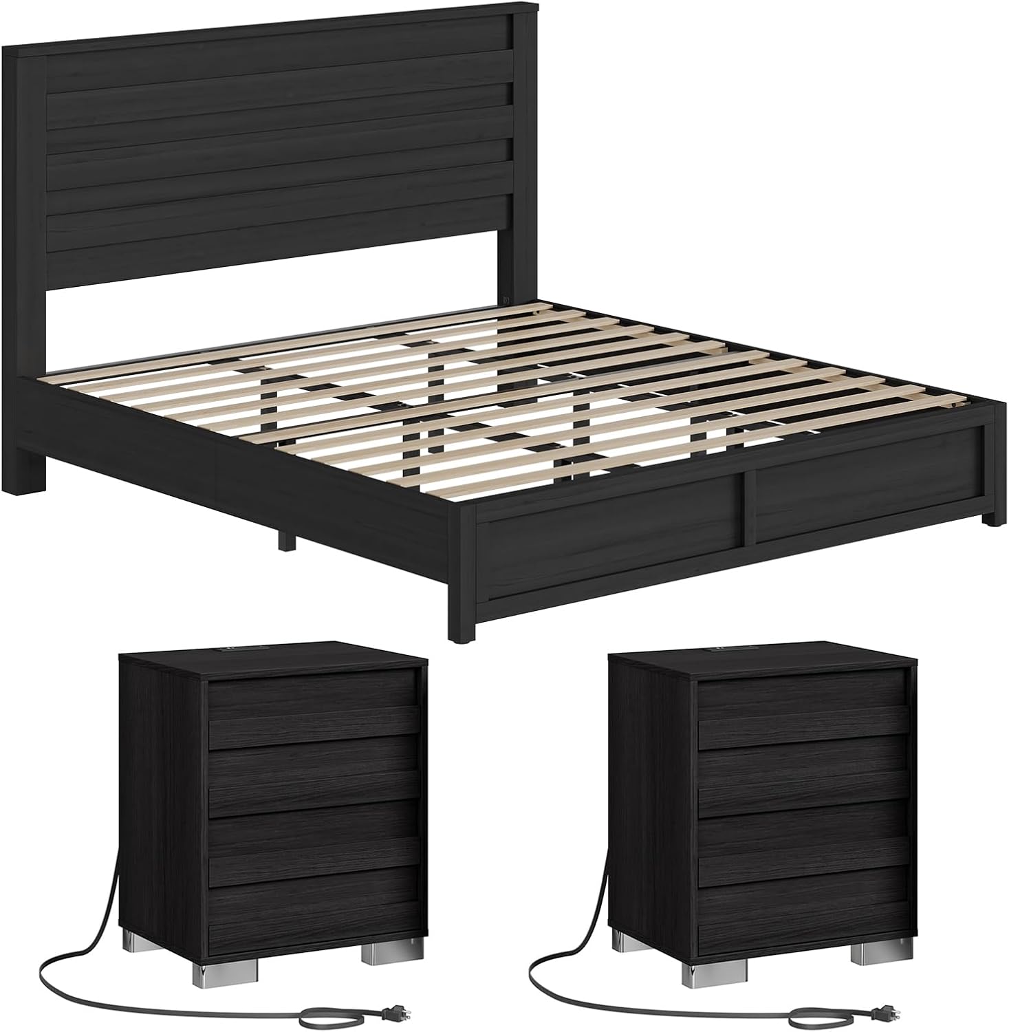 Albott 3 Piece Bedroom Set, Including Farmhouse King Size Bed Frame with Slatted Headboard, Nightstands Set of 2 with Charging Station for Bedroom, Black