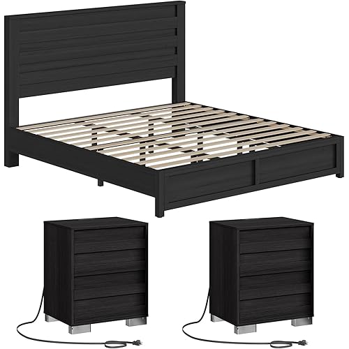 Albott 3 Piece Bedroom Set, Including Farmhouse King Size Bed Frame with Slatted Headboard, Nightstands Set of 2 with Charging Station for Bedroom, Black