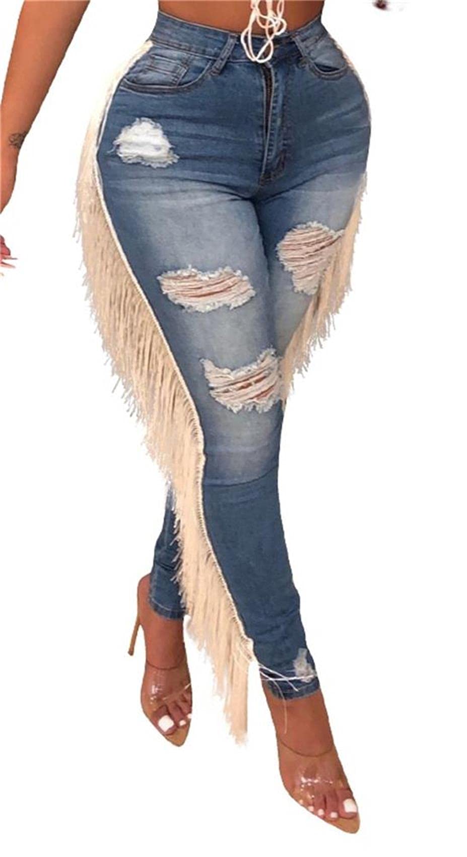 Lucuna Women's High Waisted Ripped Jeans Cut Out Destroyed Frayed Tassels Distressed Denim Pants