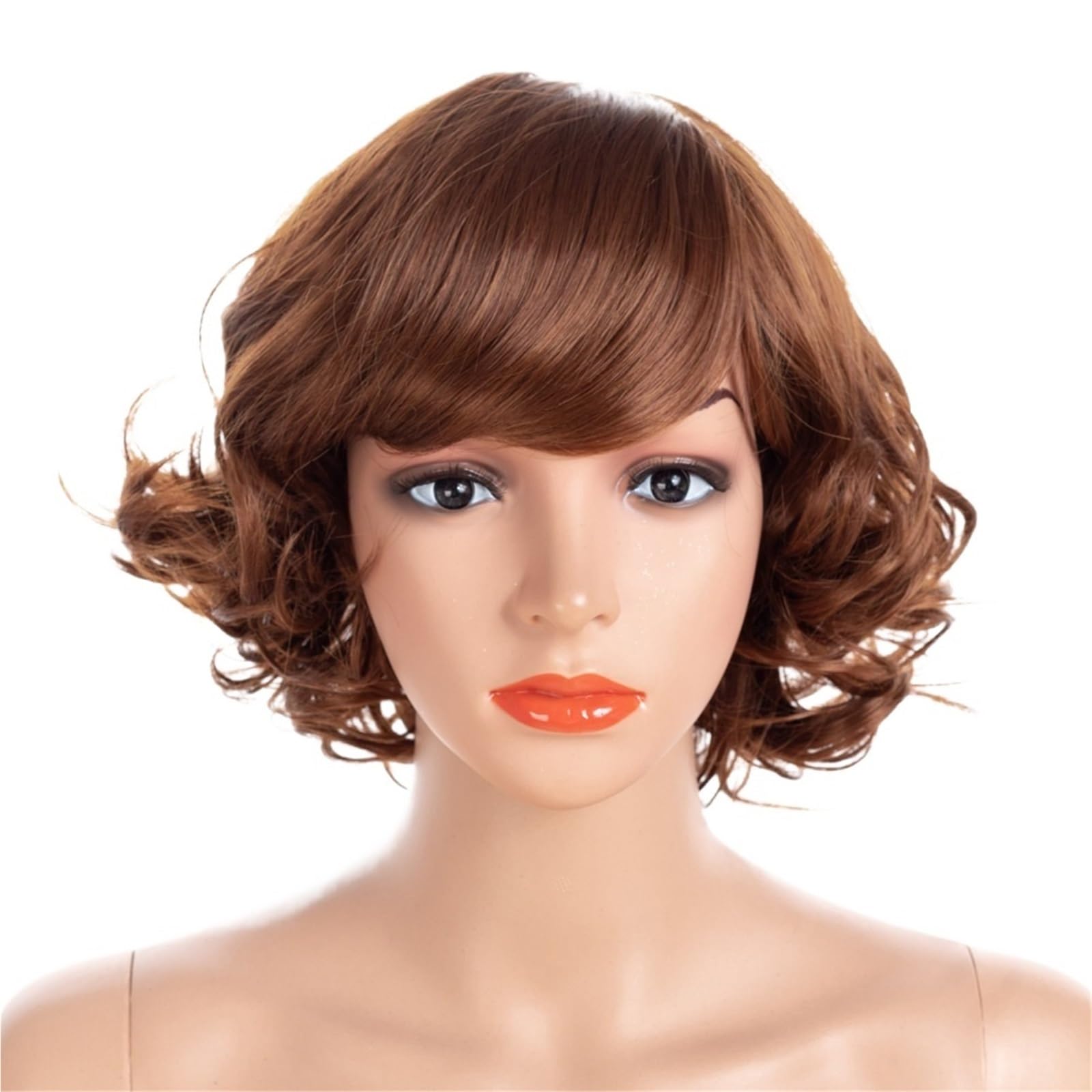 LIBANGRONG-888 Wigs Ladies' Brown Diagonal Bangs Short Wig With Retro Fluffy Design Natural wig