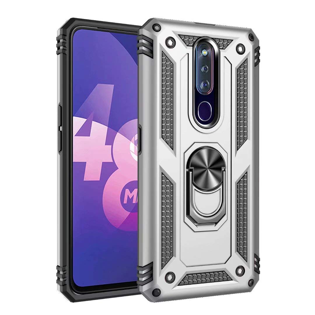 Smfu Case for OPPO R19 Case with Ring Cover with screen protector 360 Rotating Magnetic Kickstand Holder Drop Tested Protective Shockproof Non-slip Case（Silver）