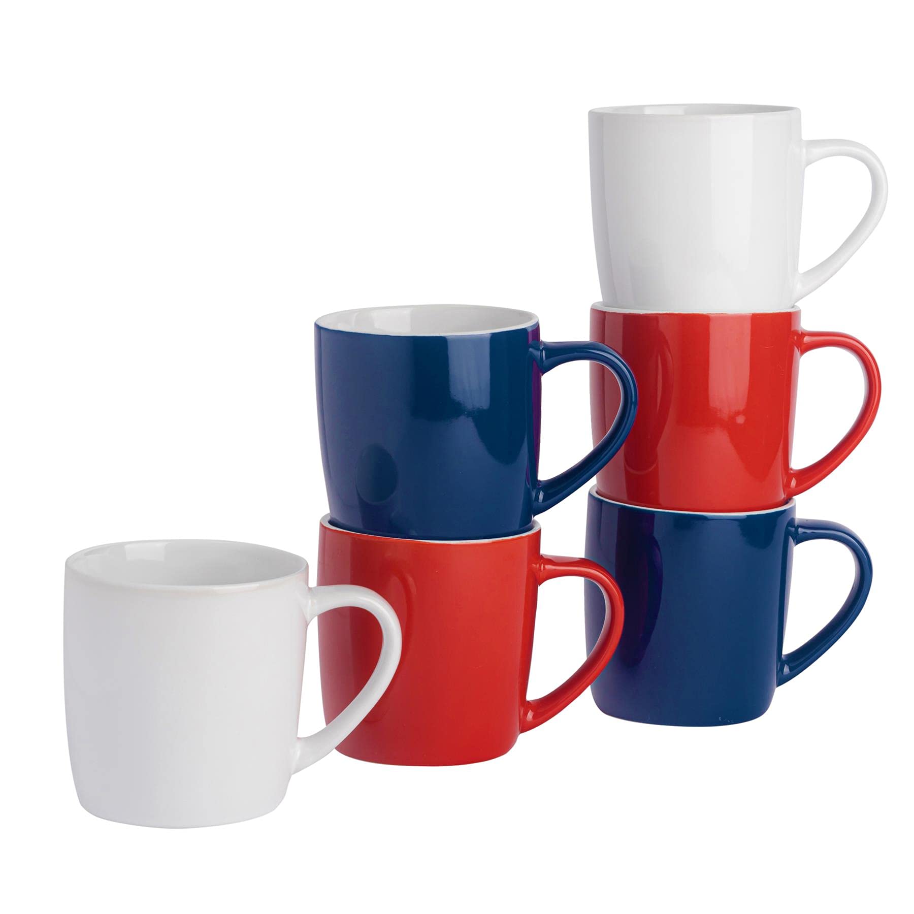 Argon Tableware Tea Coffee Mugs - 6pc Contemporary Coloured Ceramic Cups Set - 350ml - Red White Navy