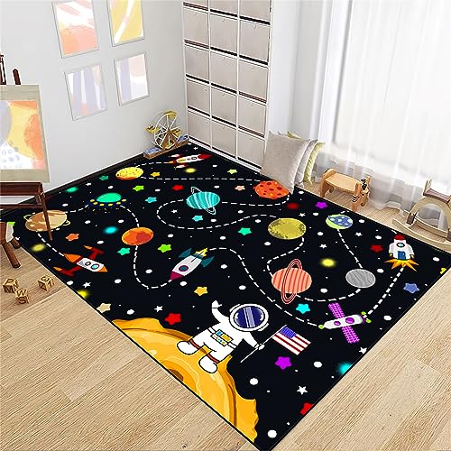 Space Area Rugs for Boys Bedroom - Cute Cartoon Planets Carpet Rug Indoor Sofa Floor Mats Solar System Space Theme Living Bedroom Dining Room Decor Crystal Polyester Area Rug Door Mats, 63" L x 47" W