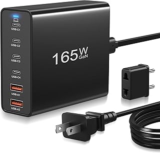 USB C Charger 165W, Agtray 6-Port GaN Fast Charging Station with 4 USB-C+2 USB-A Multiport Desktop Hub Travel Adapter,65W USB-C Compatible for MacBook Pro Air, iPad, iPhone15, GalaxyS23 (with EU Plug)