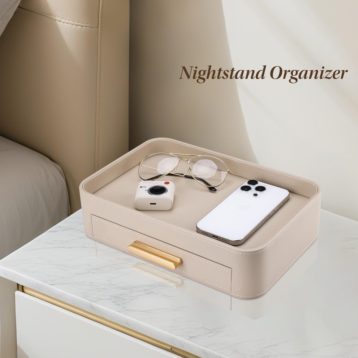 GORESE Taschenleerer, Leder Valet Tablett mit Schublade Nachttisch Ablageschale Schmuckaufbewahrung Dekotablett Schreibtisch Aufbewahrungsbox für Schmuck,Kosmetik,Schlüssel,Schreibwaren(Beige)
