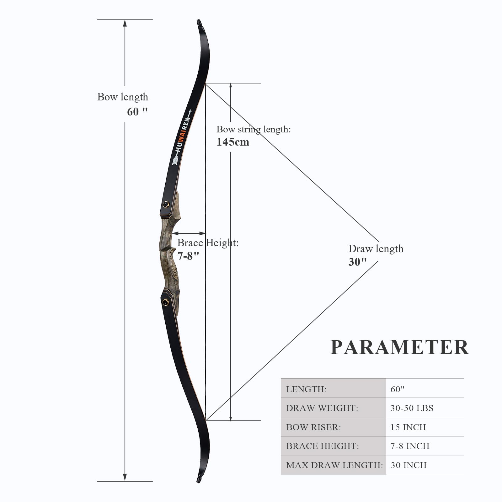 152,4 cm Bogenschießen Recurvebogen Takedown Bogen Jagd Bogen und Pfeil Set Erwachsene Ziel Praxis Wettbewerb Survival Longbow Rechte Hand 13,6-22,7 kg mit 6 Kohlepfeilen