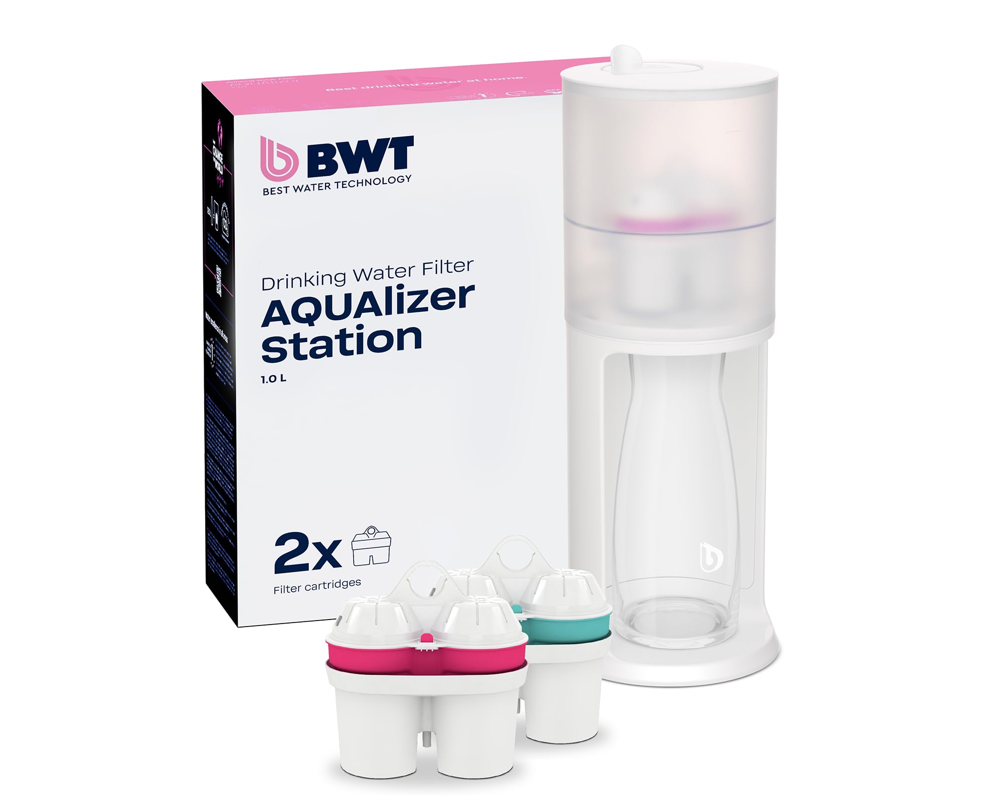 Bwt Filtro Acqua Da Tavolo Aqualizer Station | Pacchetto Vantaggio Con 2 Cartucce Filtranti E Decanter In Vetro Aggiuntivo-image