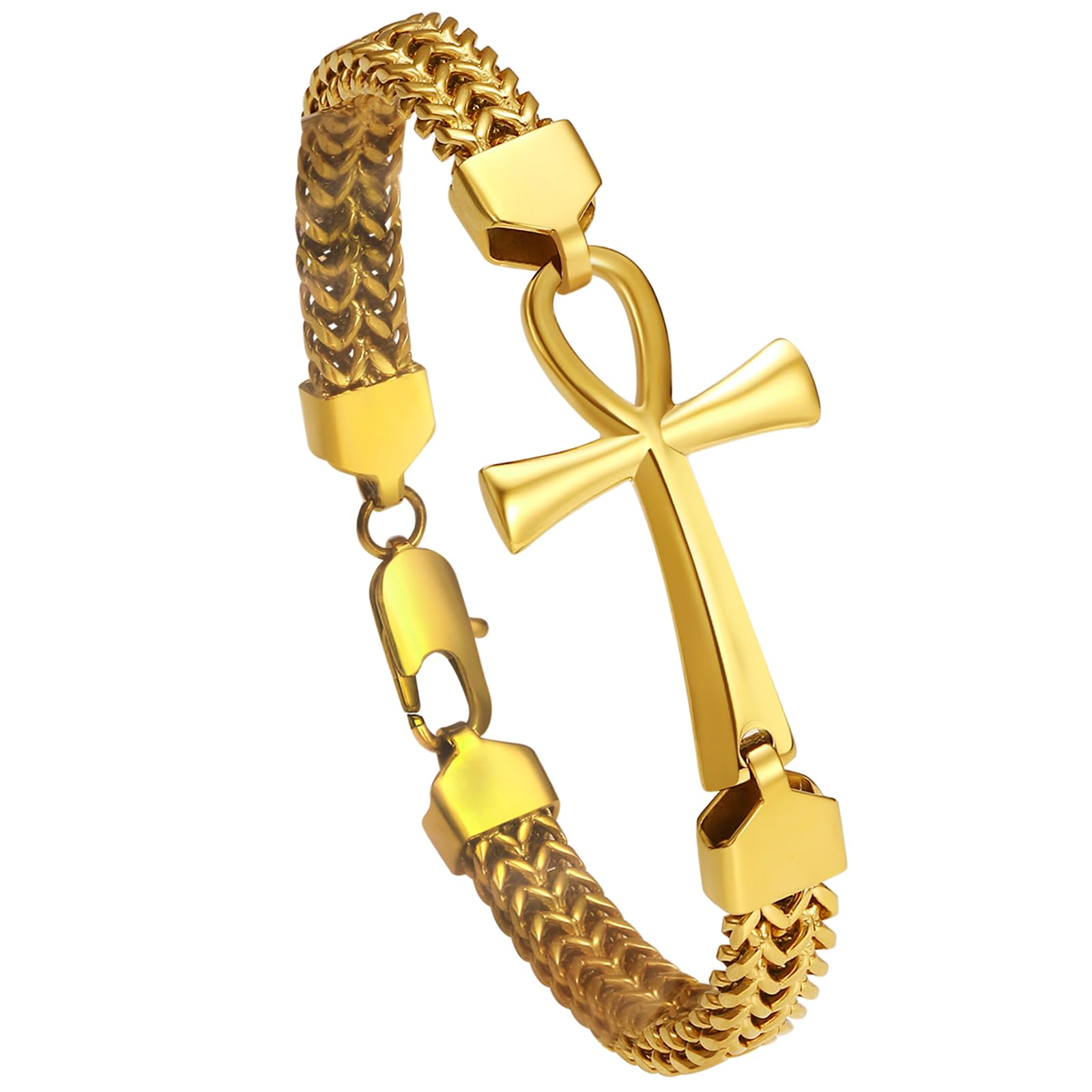 OIDEA Pulsera de cruz egipcia Ankh para hombre: doble fila trenzada de cadena Franco, llave de la vida, pulsera de acero inoxidable para hombre, amuleto de protección, regalo de joyería