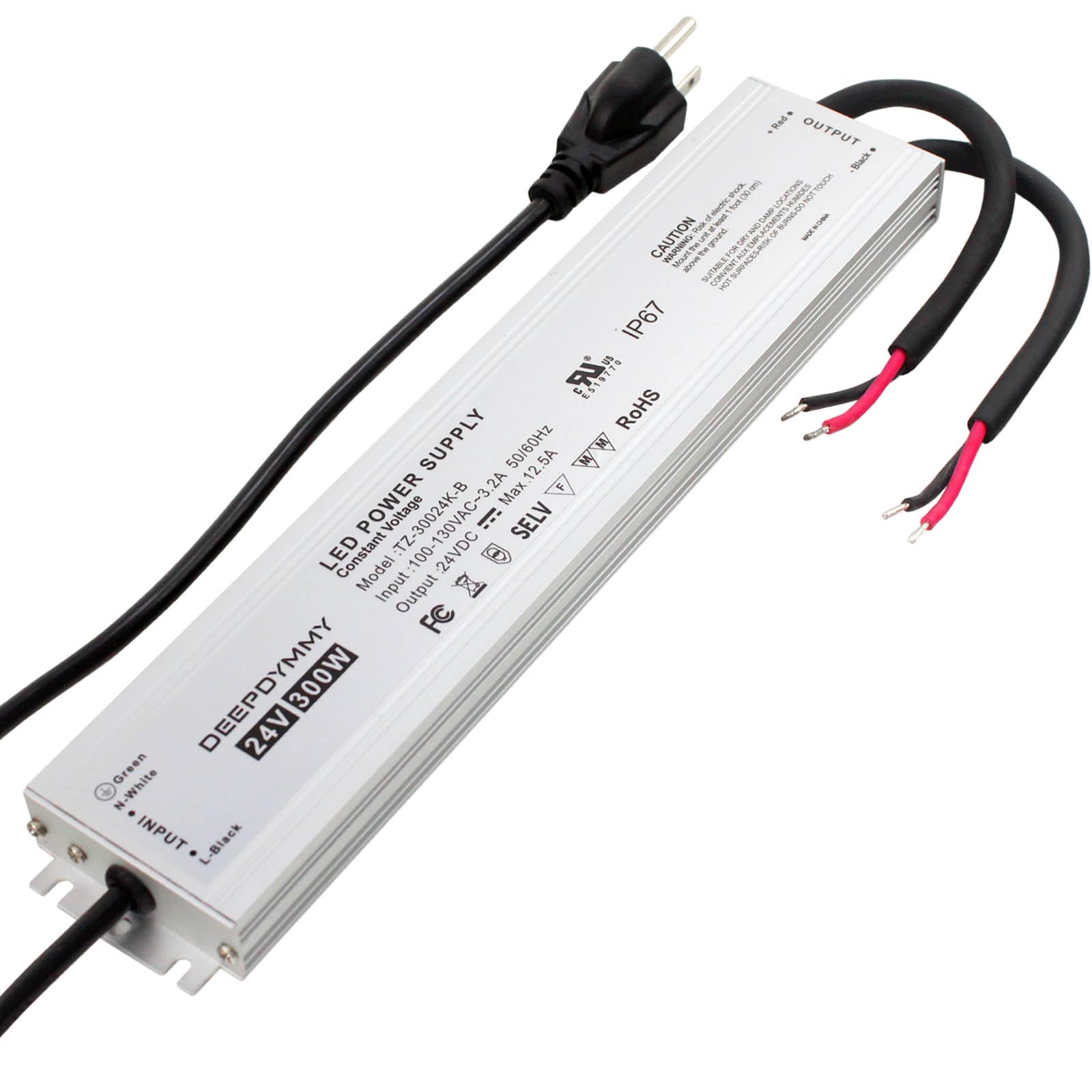 Alimentatore 24 V DC 300 W - Trasformatore ultra sottile a bassa tensione con spina a 3 poli e cavo da 1 m, impermeabile IP67 per strisce LED, illuminazione esterna
