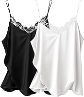 Ekouaer Women's 2 Pack Satin Lace Camisole Tank Tops V-Neck Adjustable Straps Sleepwear Lounge Tops