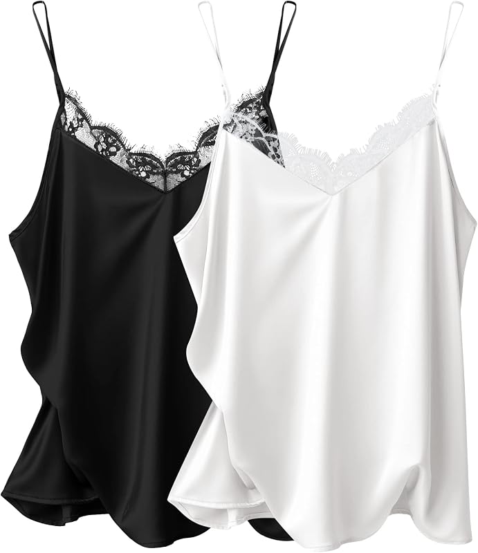 Ekouaer Women's 2 PCS Silk Satin Tank Top Lace Cami Spaghetti Strap Top V Neck Camisoles Black & White M
