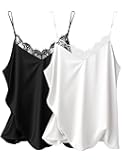 Women's Satin Camisole Lace Silk Satin Pajama Tank Tops V Neck Soft Spaghetti Strap Loose Sleepwear