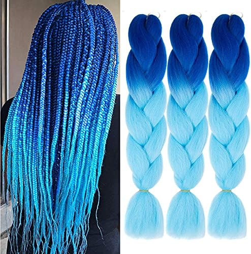 Jumbo Braiding Hair synthetic Ombre Braiding Hair 3 Pack 24 Inch High Temperature Synthetic Crochet Braids Hair Extensions(Blue/Sky Blue)