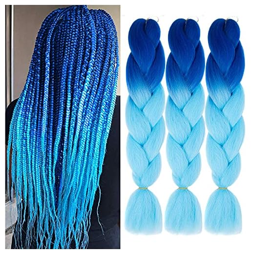 Jumbo Braiding Hair synthetic Ombre Braiding Hair 3 Pack 24 Inch High Temperature Synthetic Crochet Braids Hair Extensions(Blue/Sky Blue)