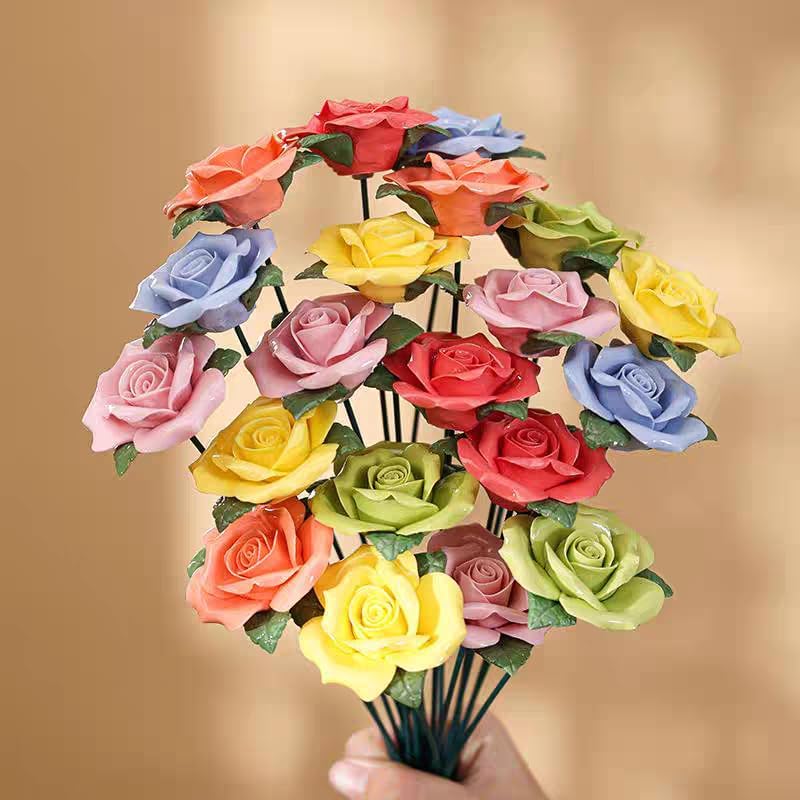 Handmade Porcelain 3D Ceramic Rose Flower, Eternal Flower Decoration for Home Office Decor, Creative Desktop vases, Porcelain Decorations, Set of 12 (Color) - Image 2