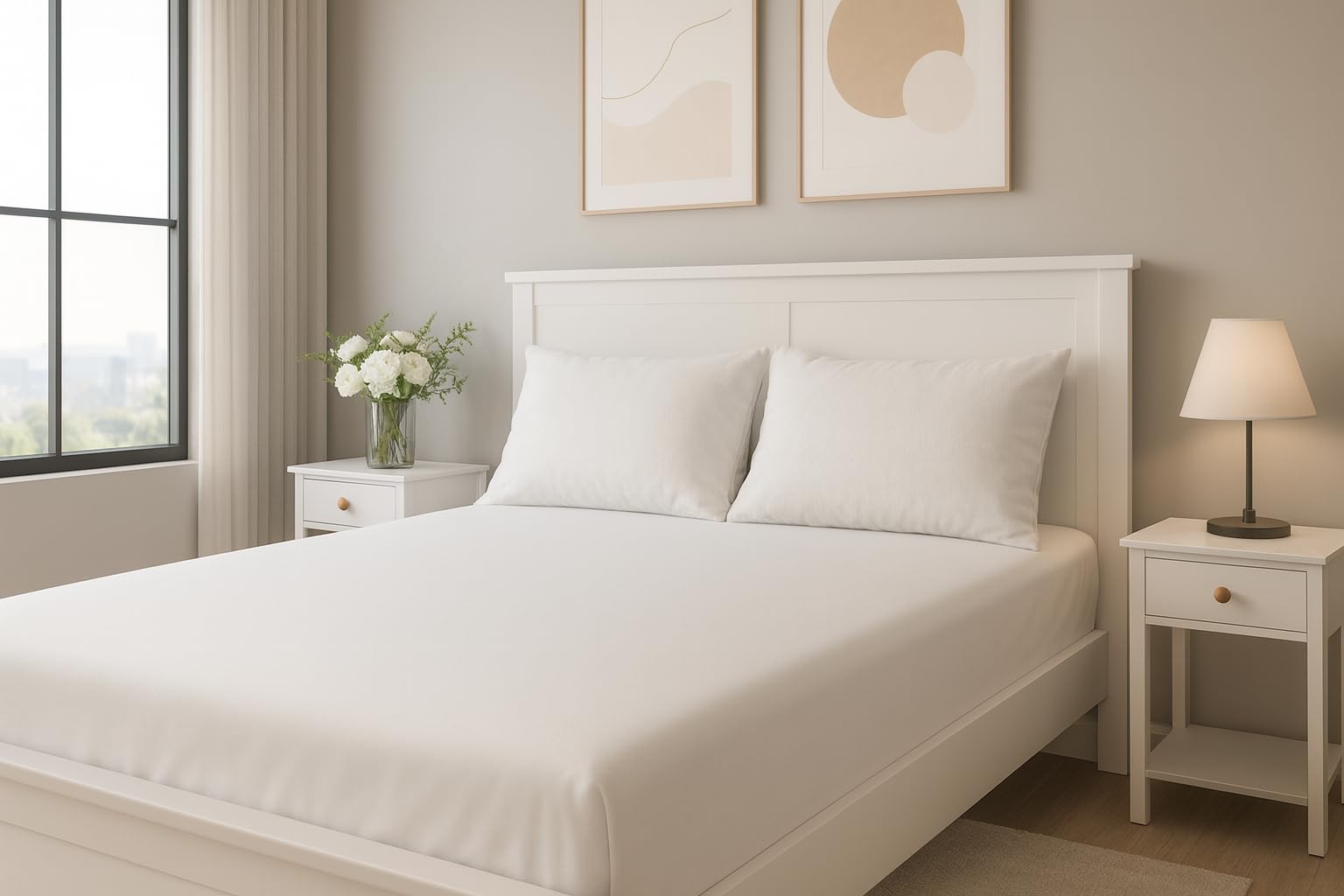 Comfortnights Optical White Luxury Fitted Breathable Waterproof Brushed Cotton Mattress Protector, Double Bed Size. 135 X 190 X 32Cms