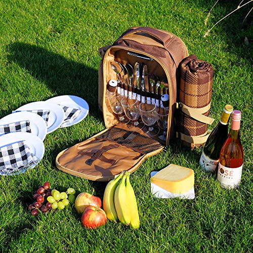 CampFeuer Picknickrugzak voor 4 personen (bruin) | Picknickset 32-delig | incl. flessenhouder en fleece deken, groot koelvak, servies en bestek - Image 3