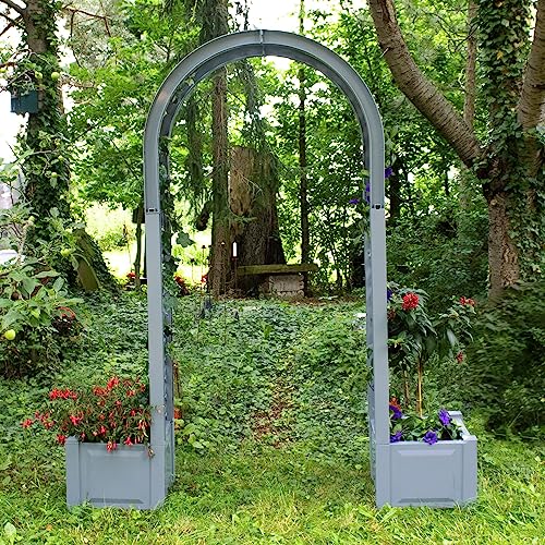 NYVI Rosenbogen mit Pflanzkasten NYVIGreen 174x43x207 cm - Spalier mit Blumenkasten aus wetterfestem & recyceltem Kunststoff - Rankhilfe - Pflegeleicht, Steckmontage ohne Werkzeug, Farbe:Grau