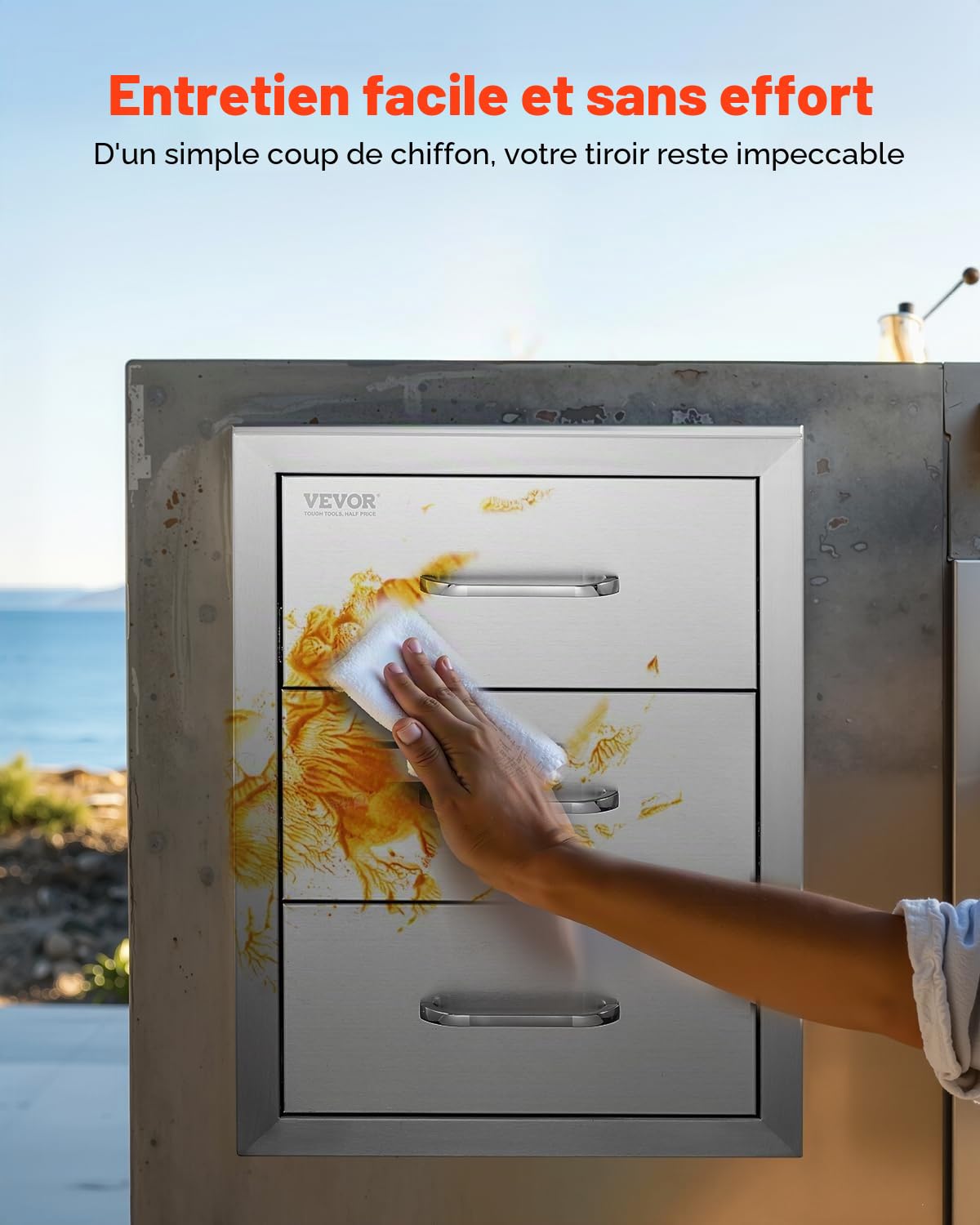 VEVOR Tiroirs de cuisine d'extérieur 40,6 x 54,6 x 45,7 cm (l x H x P) – Tiroirs de barbecue encastrés à triple accès avec poignée en acier inoxydable, îlot de barbecue pour cuisine extérieure ou îlot