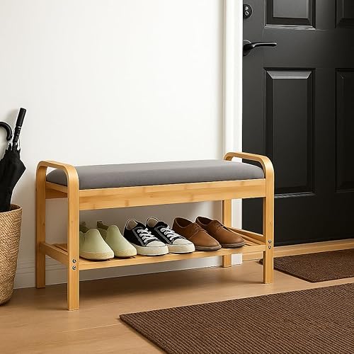 Miniatura 2 de Proman Products Cambridge - Banco de zapatos de bambú con almacenamiento de zapatos y cojines, natural