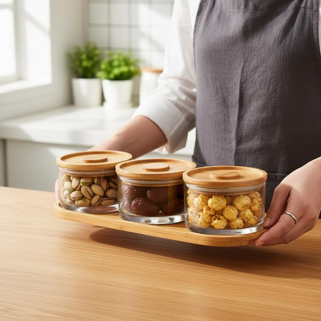 Lot de 4 bols de service en verre avec couvercles et plateau en bambou, plateau à apéritif pour fêtes, cuisine et divertissement