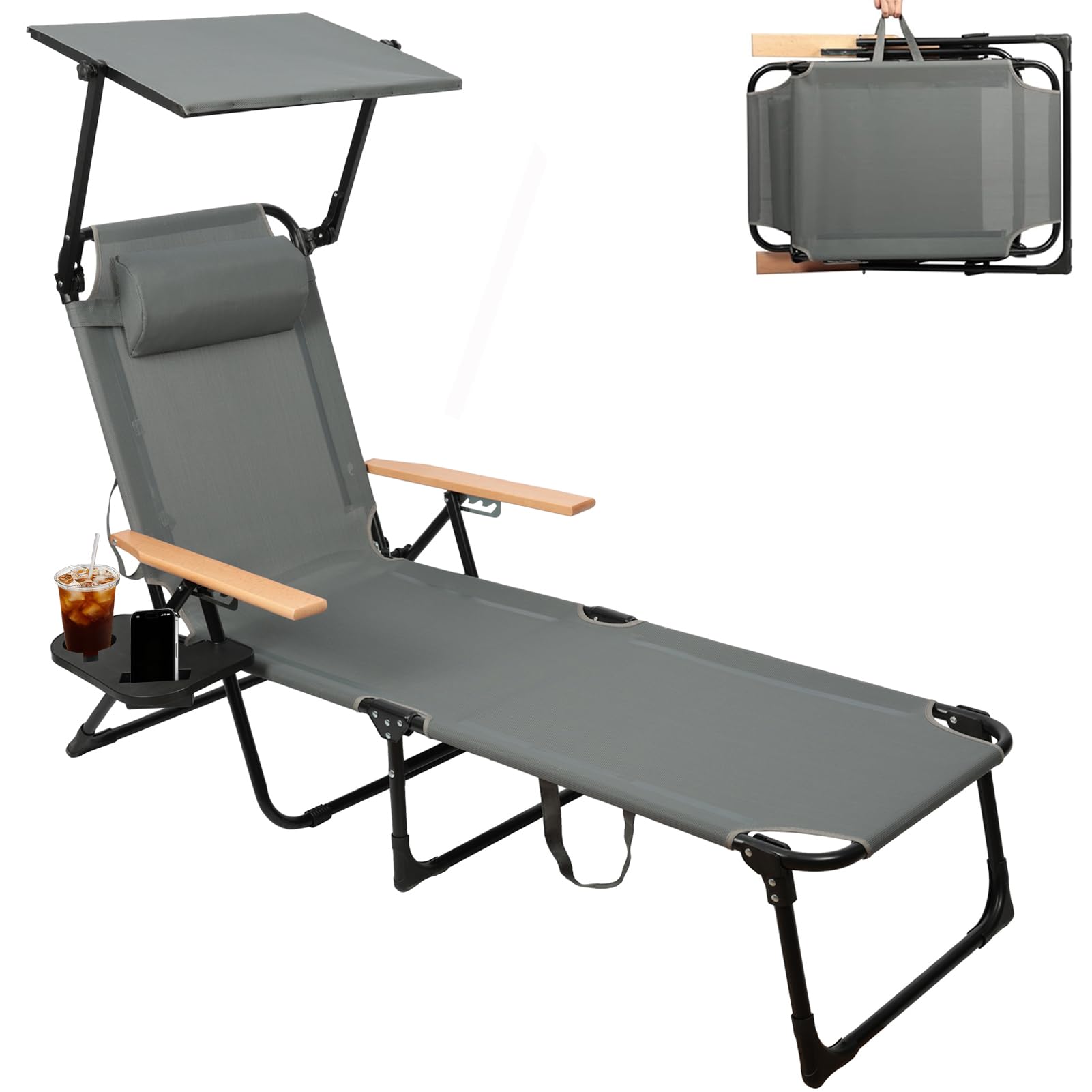 Sonnenliege Klappbar mit Dach, Gartenliege Klappbar Liegestuhl Verstellbarer Rückenlehne, mit Holzarmlehnen, Campingliege Faltbar, für Balkon, Terrasse, Camping, Strandliege Leicht (Grau)