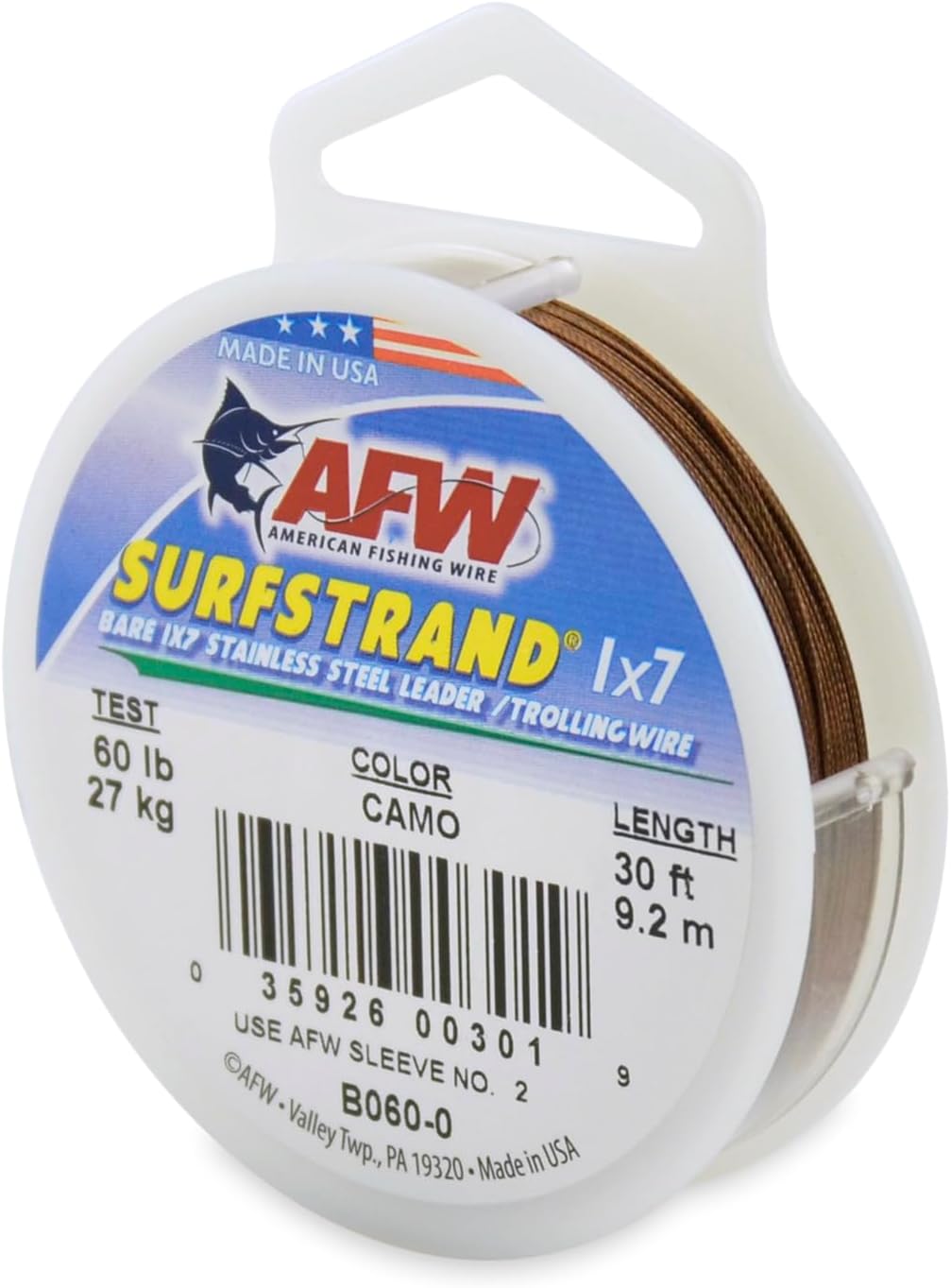 American Fishing Wire Surfstrand Bare 1x7 Stainless Steel Leader Wire, Camo Brown Color, 60 Pound Test, 30-Feet