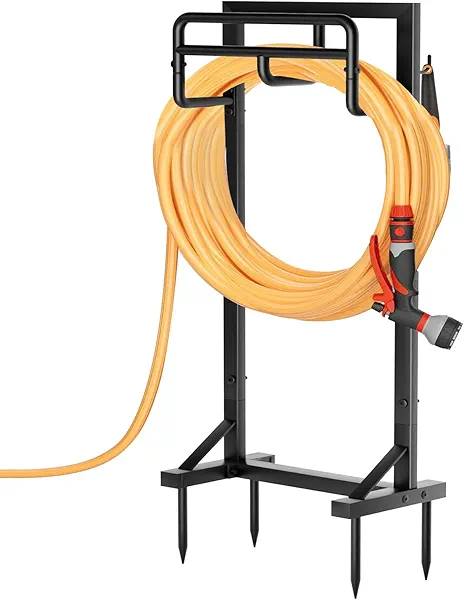 Garden Hose Holder with Stable Base and Tool Hooks, GAVISCITY Heavy-Duty Metal Hose Hanger Garden Hose Storage Holds 151Ft Hose, Rustproof Freestanding Water Hose Holder for Outside, Yard, Lawn, Black