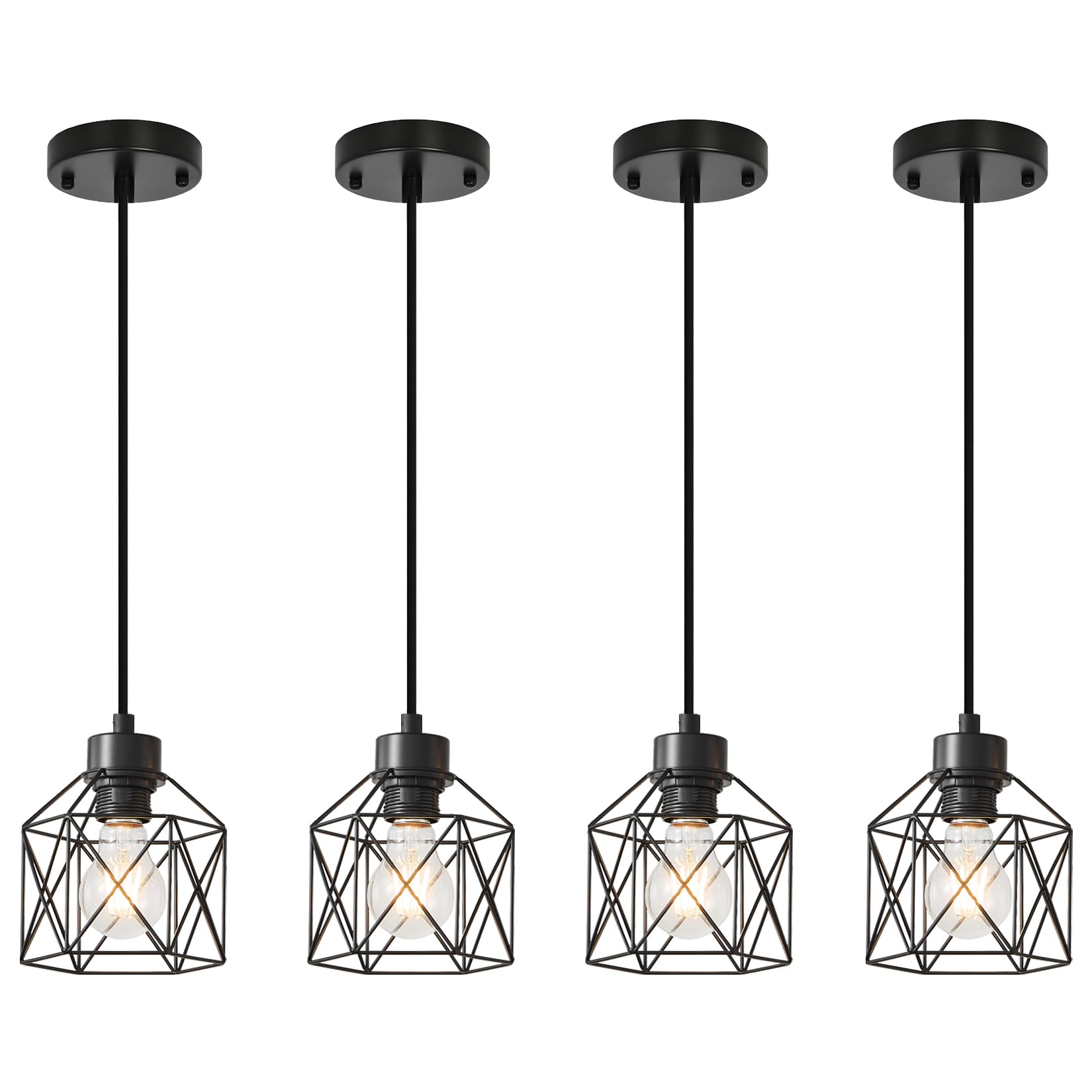 Photo 1 of ROCUNSI 4-Pack Hanging Pendant Light Fixtures, Farmhouse Kitchen Island Light Fixture, Industrial Hanging Pendant Lighting for Dining Room Bedroom Hallway, Black Metal Cage Pendant Lamp, E26 Base