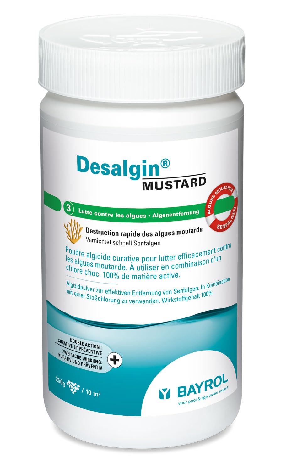 BAYROL Desalgin Mustard - 1,5kg | Anti-Algues Concentré - Destruction de l'Algue Moutarde - Double Action Curative (Choc) et Préventive + 10 Tests HPS OFFERTS 6 en 1