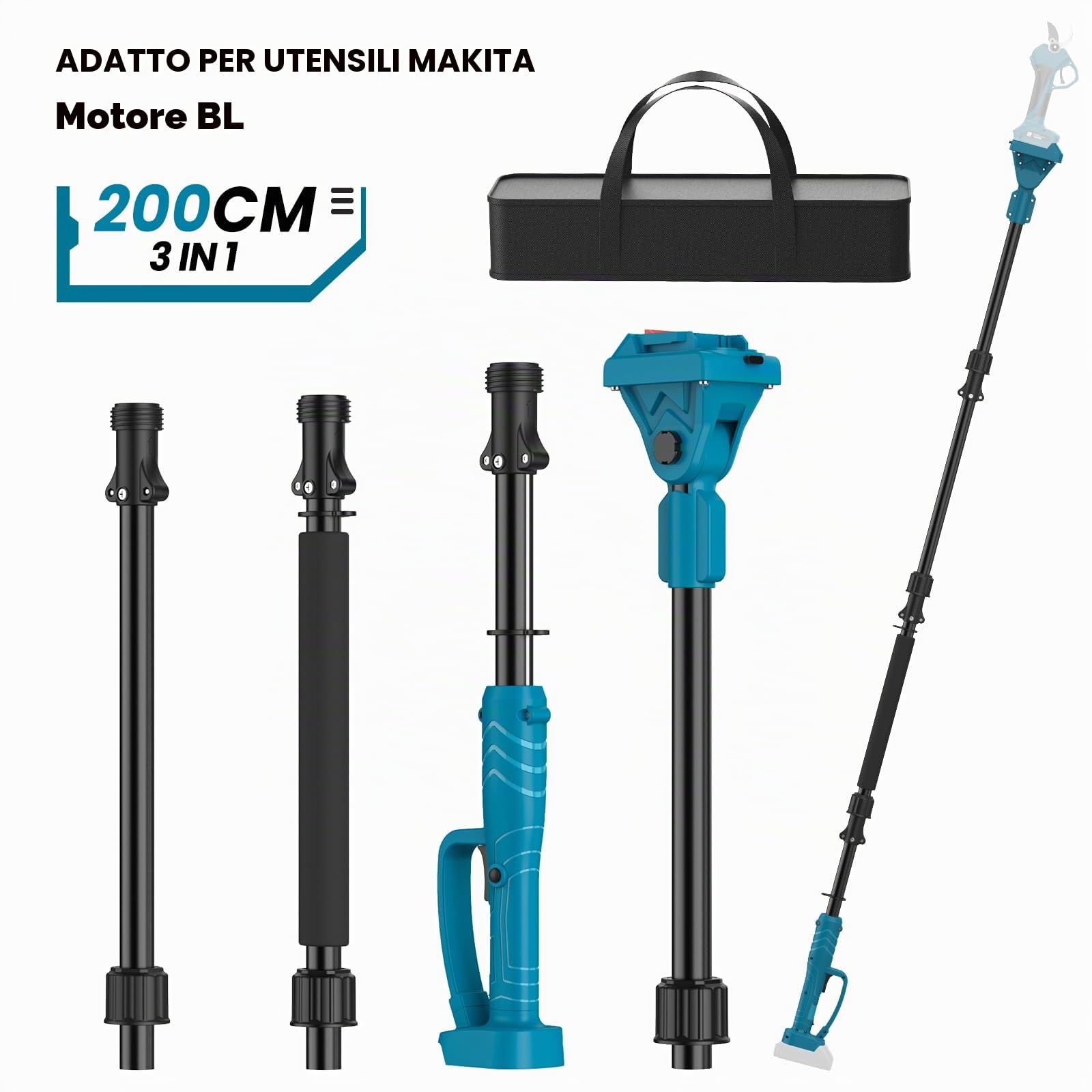 Asta telescopica per batteria e cesoie da giardino, asta di prolunga da 2 m, per batteria Makita da 18 V, asta di prolunga in lega di alluminio con rotazione di 180°, per rami da giardino