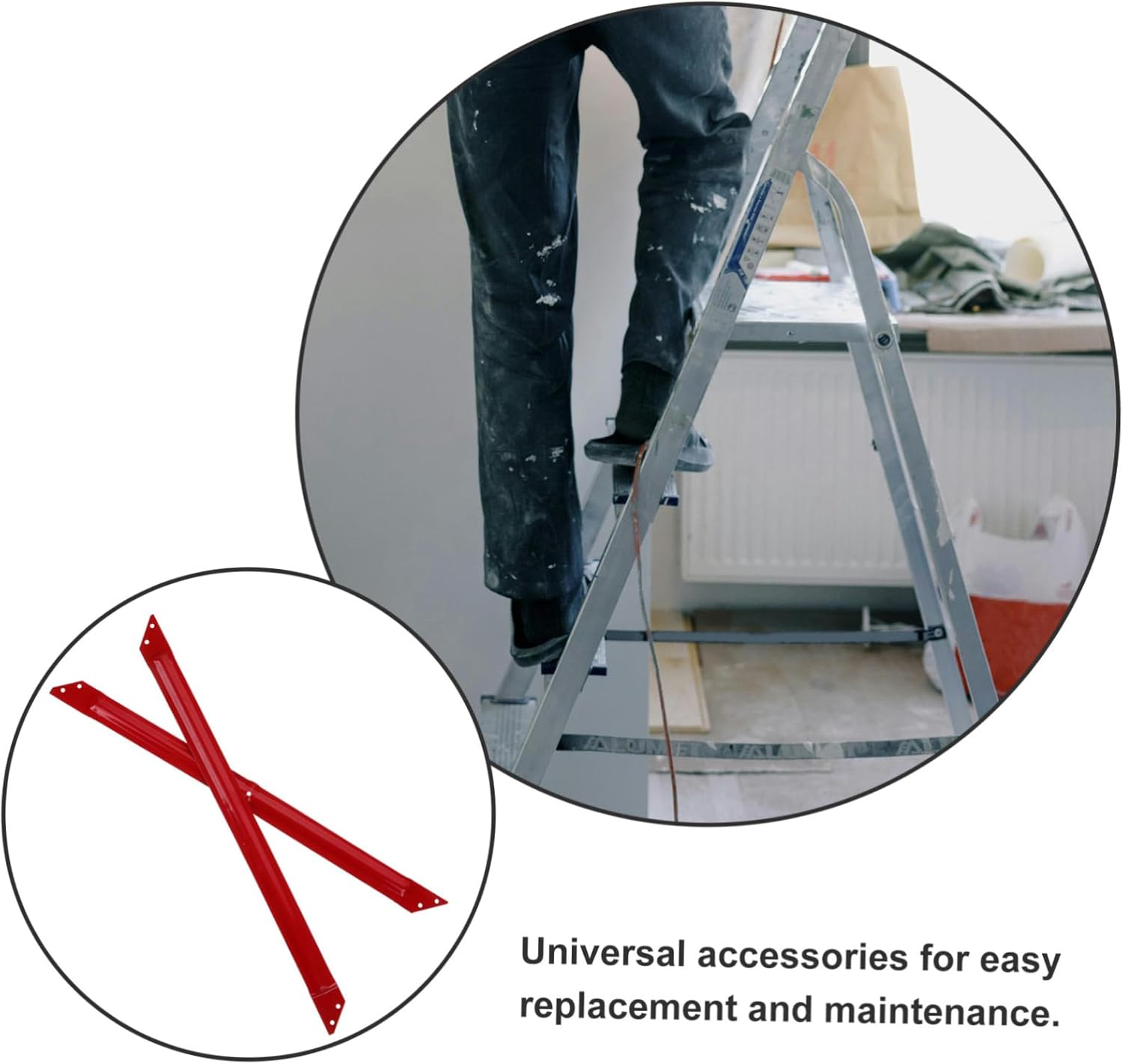 A person's feet on a ladder step, with a circular inset showing the red tie rods.