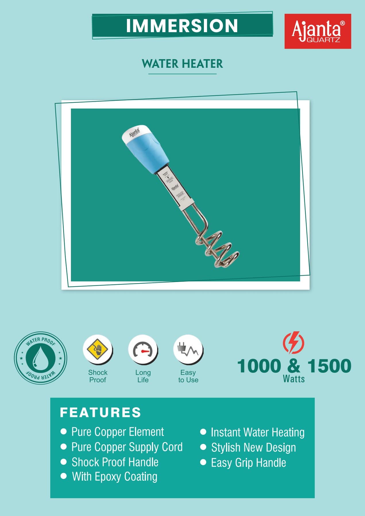 Buy Ajanta's 1500-W Shock Proof Water Heater Immersion Rod(Blue) Online at  Low Prices in India - Amazon.in