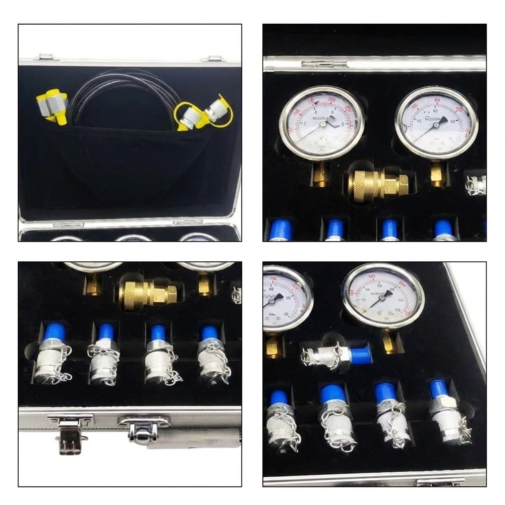 Kit de prueba de presión hidráulica para excavadora, 3 manómetros, 3 mangueras, 9 puertos