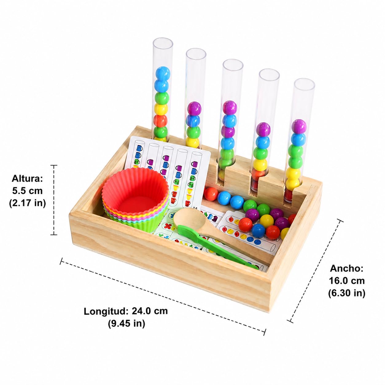 Jugue Educativo Madera, Set csificación Elementos con Tubos y Pinzas, Juego coordinación Ojo Mano, motricidad Fina 4-6 años