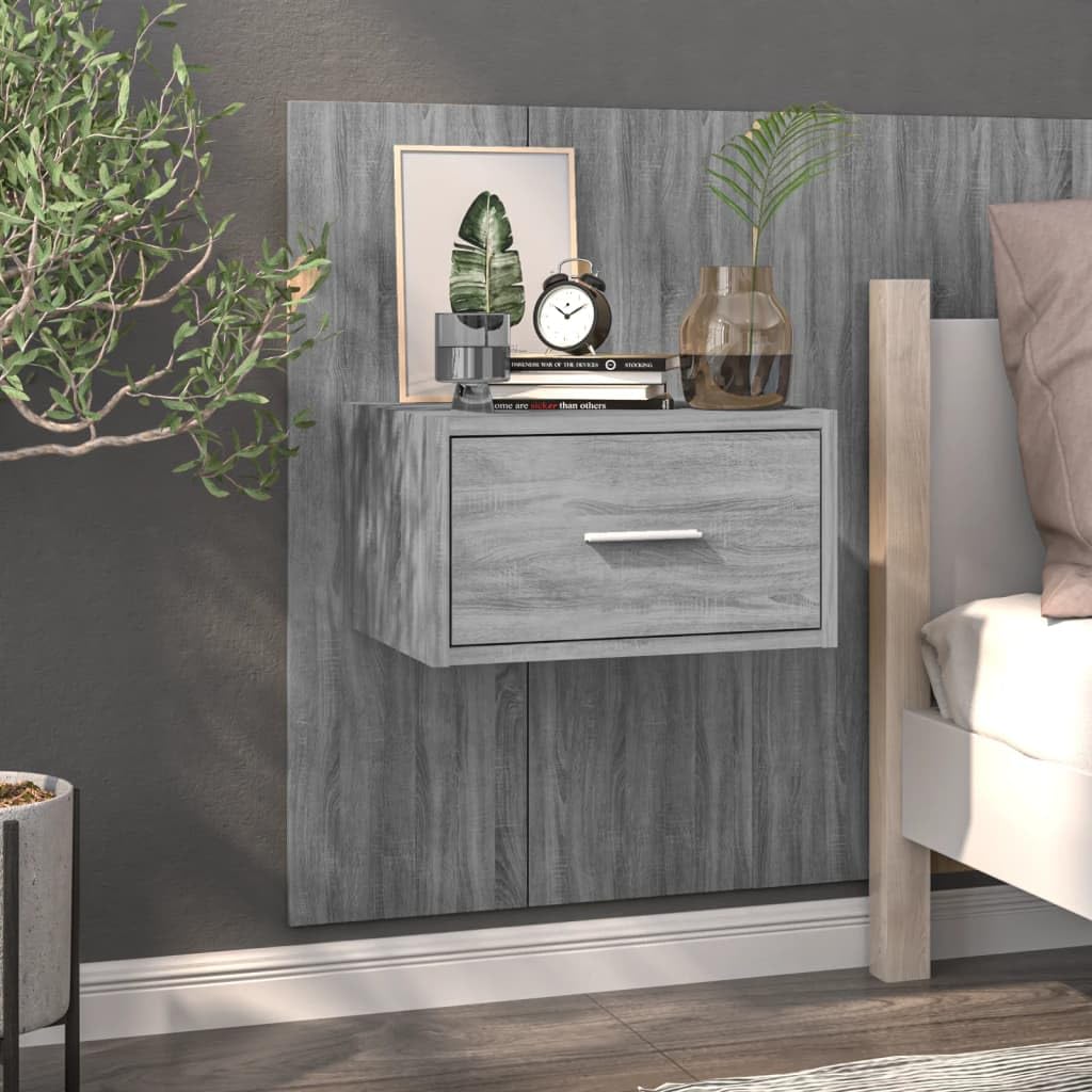 YUANCHUTOP Set of 2 Floating Bedside Table with Background, Bedside Cabinet Small Modern Floating Nightstand with Drawer, Floating Shelves for Bedroom, Bathroom, Grey+Oak