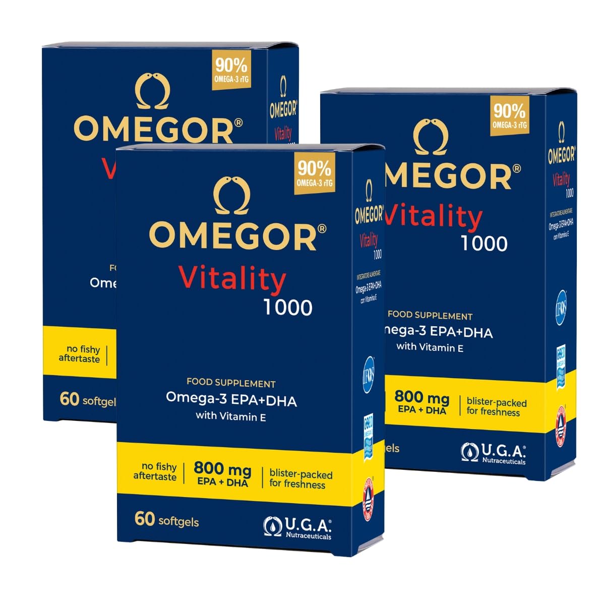 OMEGOR Vitality 1000 Integratore di Omega3 EPA/DHA e Vitamina E - Senza Retrogusto e Facile da Digerire - Ideale per Cuore, Cervello e Vista - 60 cps (3 Confezioni)