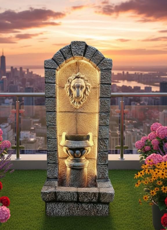 Image of 3.5ft Mini Lion Water Fountain for Home Decor | Indoor Tabletop Office | Lawn Balcony | Gift Gifting with LED Lights Water Pump | Lion Water Fountain(Brown)