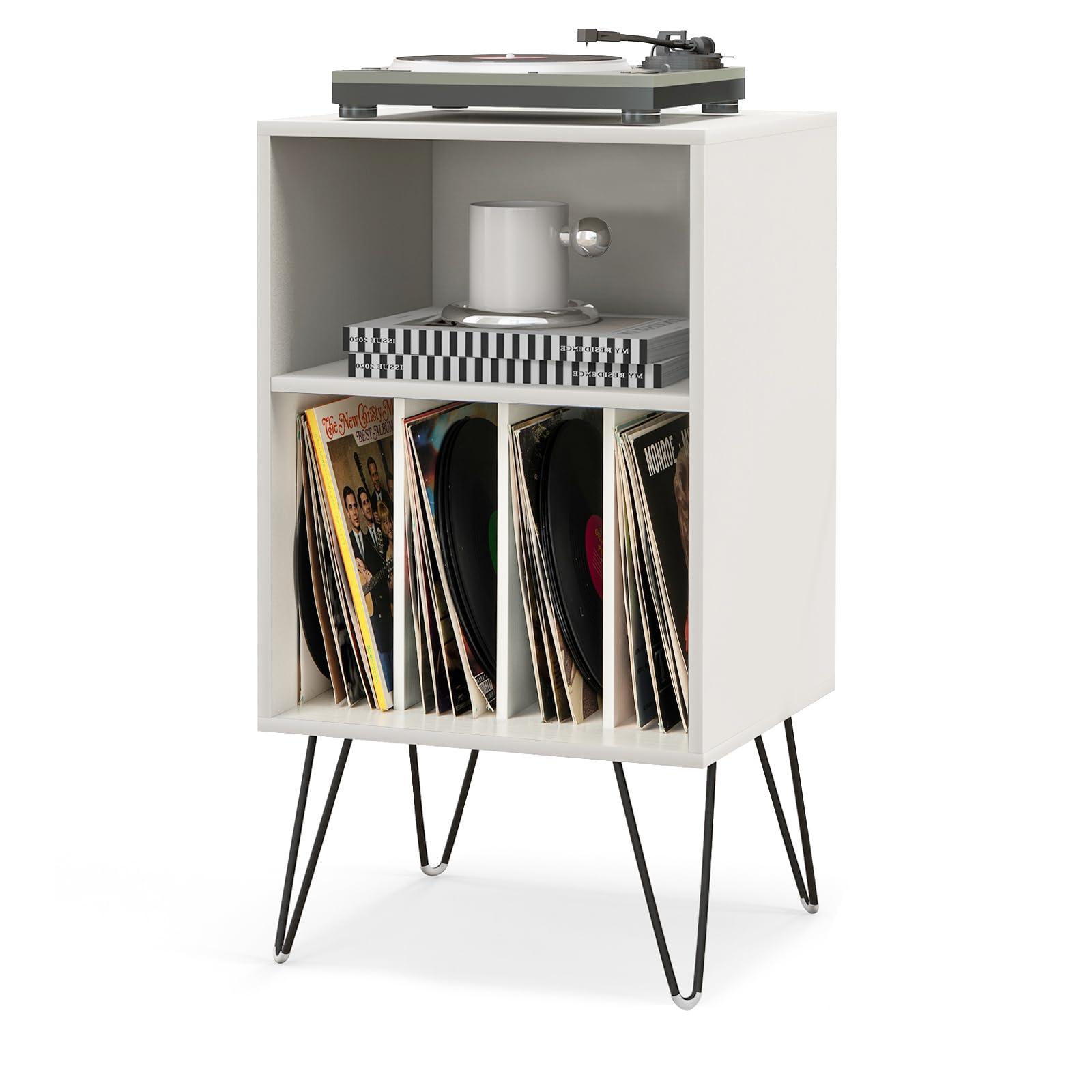 COSTWAY Record Player Stand, Wooden Turntable Stand End Sofa Side Table with 5 Shelves for 150 Albums, Metal Legs Vinyl Record Storage Cabinet Holder for Living Room Bedroom (White)