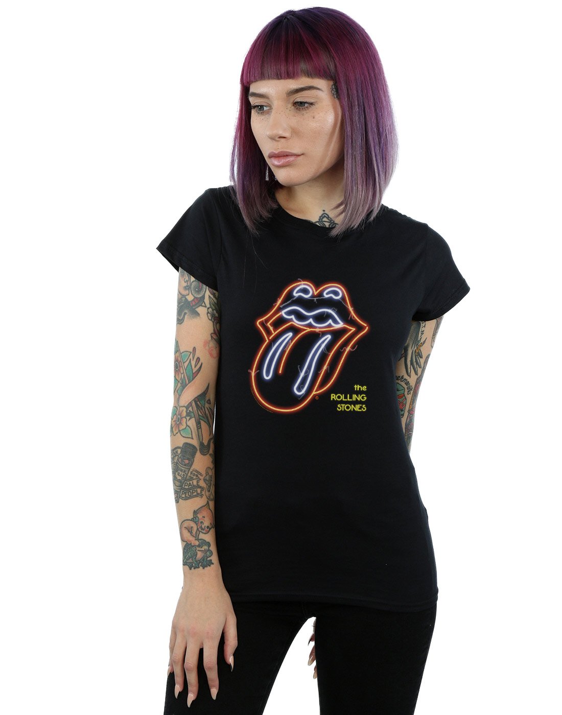Absolute Cult Women's Black Rolling Stones Neon Tongue T-Shirt XX-Large